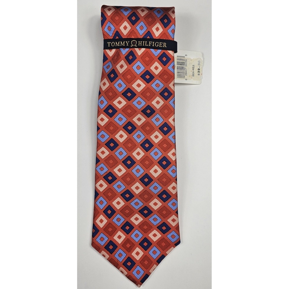Vtg Tommy Hilfiger Tie 100% Silk Orange Blue Geometric Design Made In USA NWT